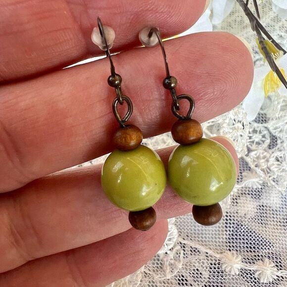 Cute Green Bead & Wood Drop Earrings - Picture 2 of 6